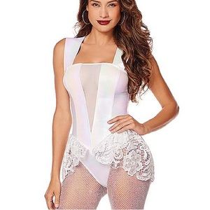 Faux white leather and lace bodysuit XL